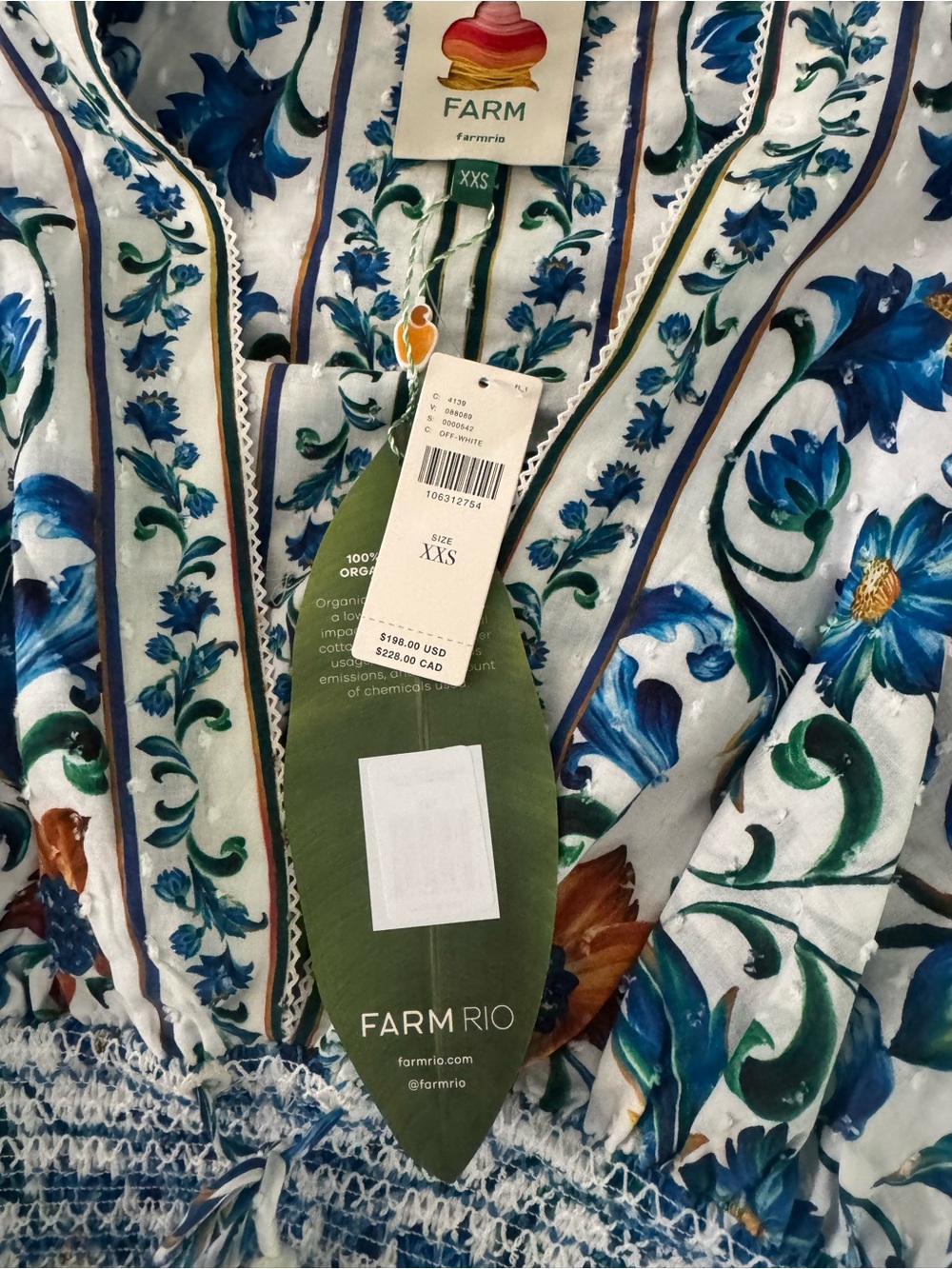 Farm Rio Off-White Flora Tile Smocked Blouse - Picture 7 of 8